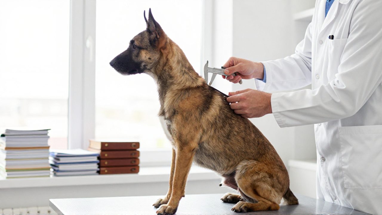Un especialista con bata blanca mide las proporciones de un perro de trabajo español sobre una mesa de examen en una clínica.