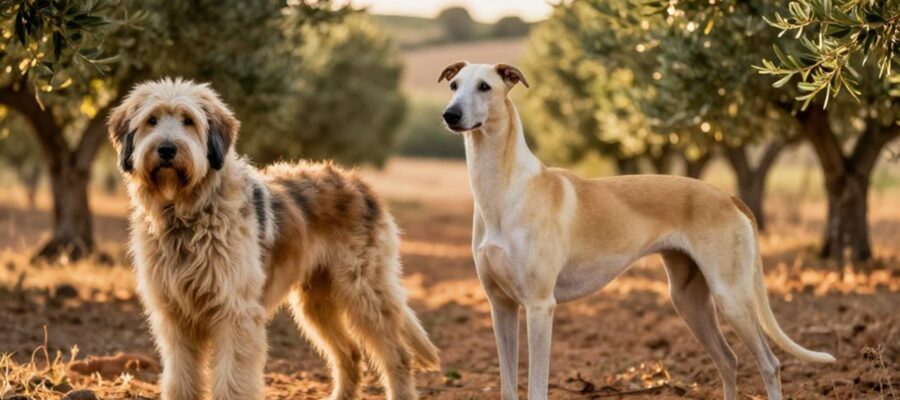 Un perro guardián de ganado de aspecto rústico y pelaje denso junto a un galgo de complexión estilizada en un campo mediterráneo.