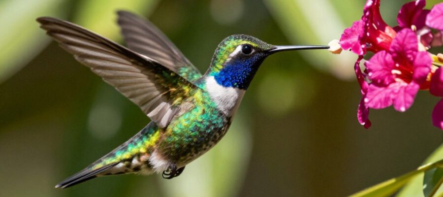 Colibrí de colores brillantes suspendido en el aire frente a una flor en un jardín tropical.