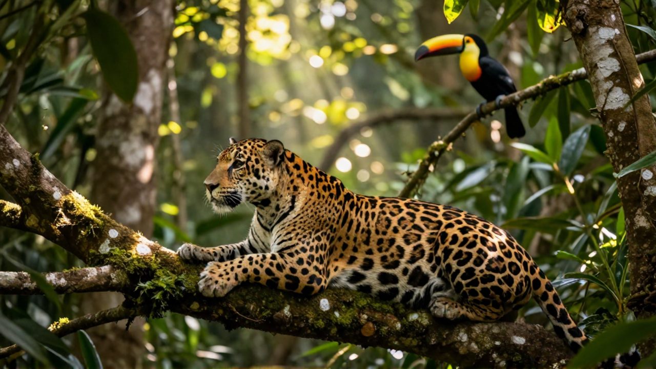 Un jaguar descansa sobre una rama con musgo en la selva tropical de Oaxaca, con un tucán al fondo entre la vegetación.