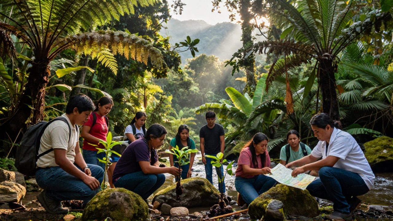 Miembros de una comunidad indígena y una bióloga trabajan juntos revisando mapas de gestión en una selva de Oaxaca rodeada de vegetación densa y neblina.