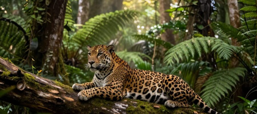 Un jaguar descansa sobre un tronco cubierto de musgo en una selva tropical de Oaxaca con luz solar filtrándose entre la vegetación.