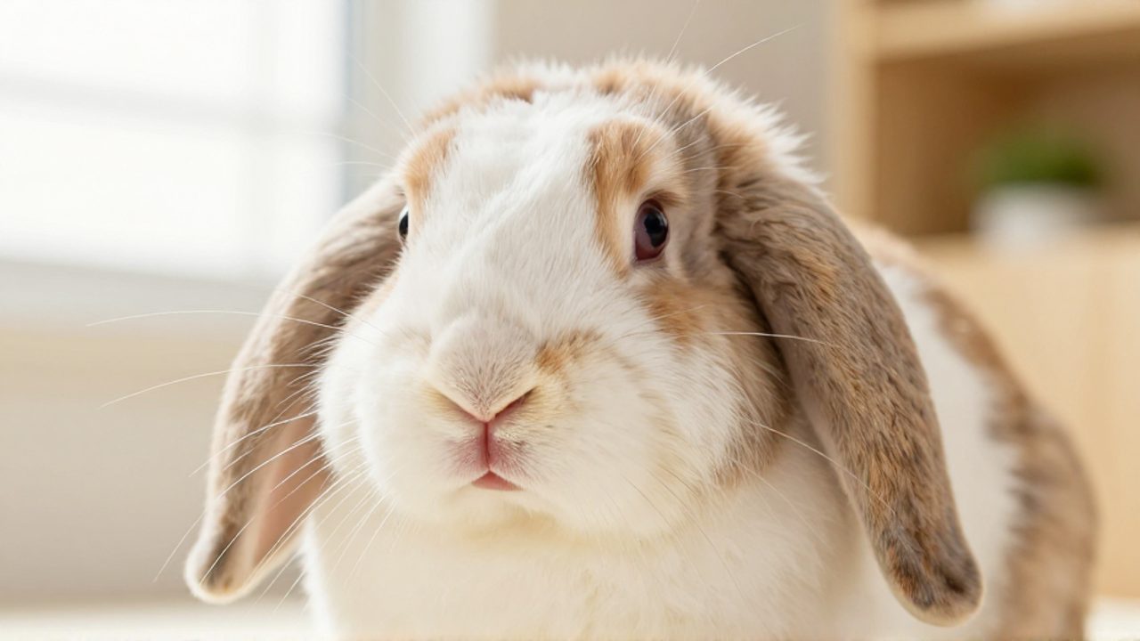 Primer plano del rostro de un conejo de orejas caídas con ojos claros y brillantes, destacando la zona ocular y el hocico.