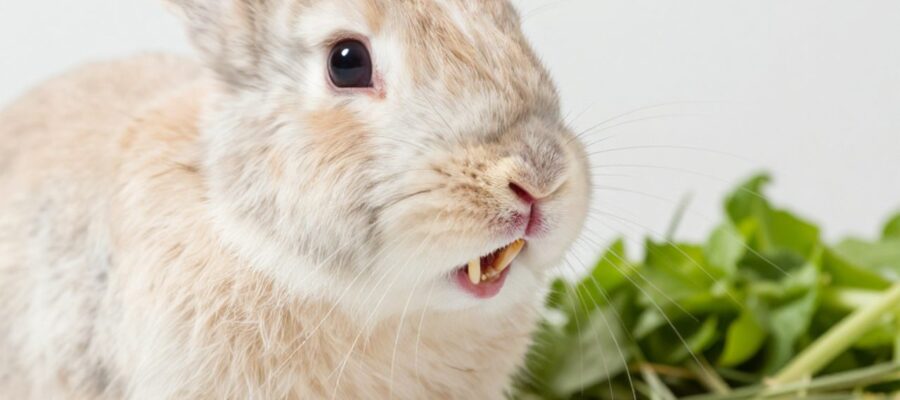 Primer plano lateral de un conejo doméstico mostrando sus incisivos frontales mientras mastica heno y vegetales verdes.