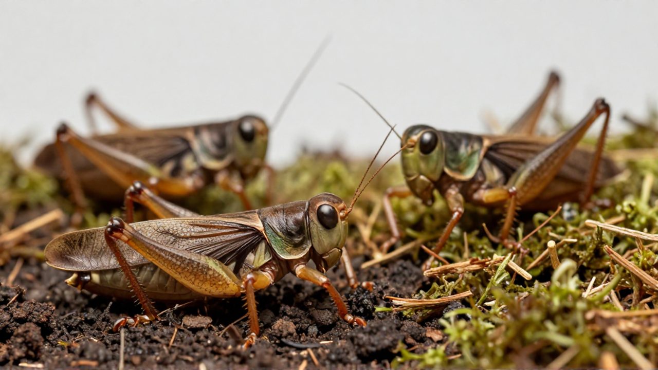 Tres especies distintas de grillos sobre tierra y musgo seco para mostrar su diversidad física.