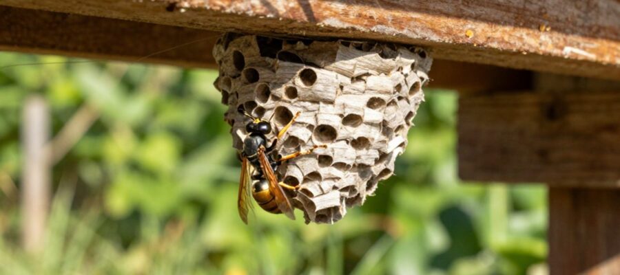 Una avispa de papel Polistes posada en el borde de su nido colgante de textura fibrosa bajo el alero de una estructura de madera.
