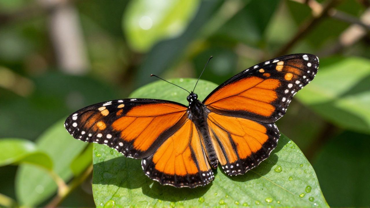 Mariposa monarca con sus llamativos patrones naranja y negro posada sobre una hoja verde.