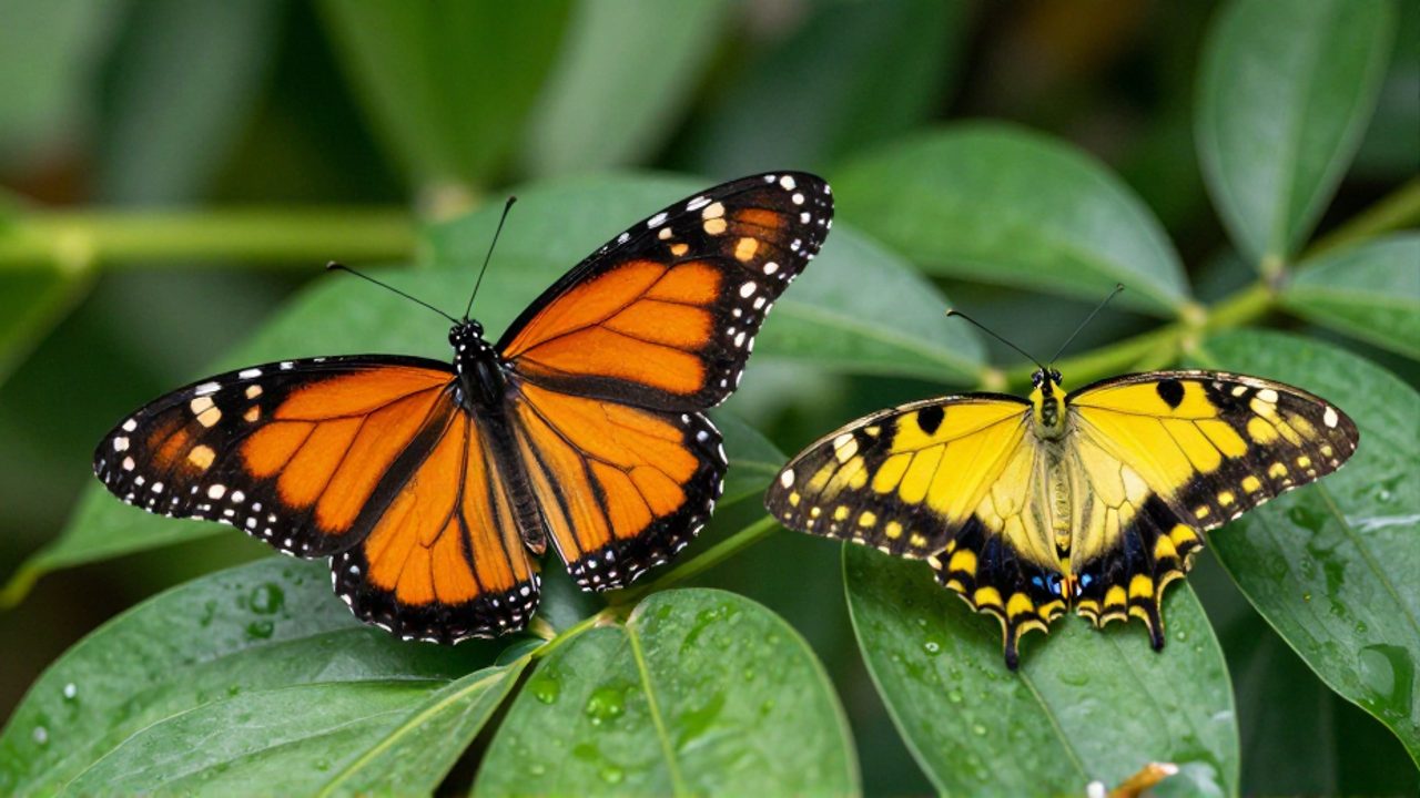 Mariposa monarca de color naranja y negro junto a otra especie de alas amarillas y negras posadas sobre hojas verdes.
