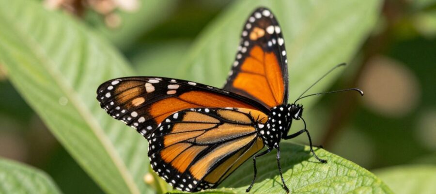 Mariposa monarca con sus alas naranjas y negras posada sobre una hoja verde de algodoncillo.
