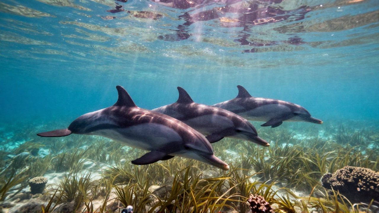 Un grupo de delfines mulares nada a través de aguas costeras cristalinas rodeadas de praderas de pastos marinos y arrecifes.