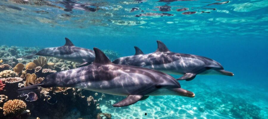 Grupo de delfines mulares nadando entre un arrecife de coral bajo aguas cristalinas y soleadas.