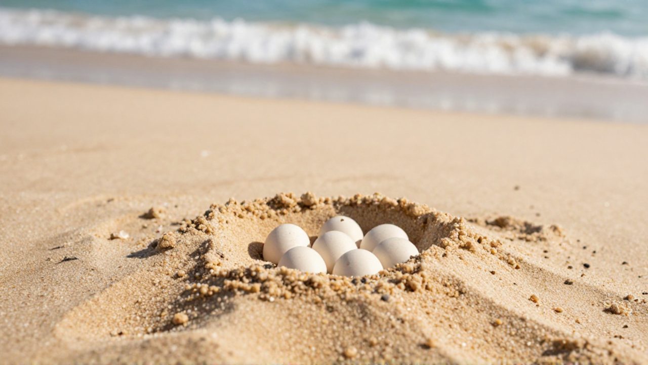 Nido de huevos de tortuga marina parcialmente enterrados en la arena de una playa tropical junto al mar.