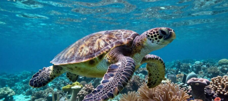 Tortuga marina verde nadando entre un arrecife de coral bajo la luz del sol filtrada por el agua.