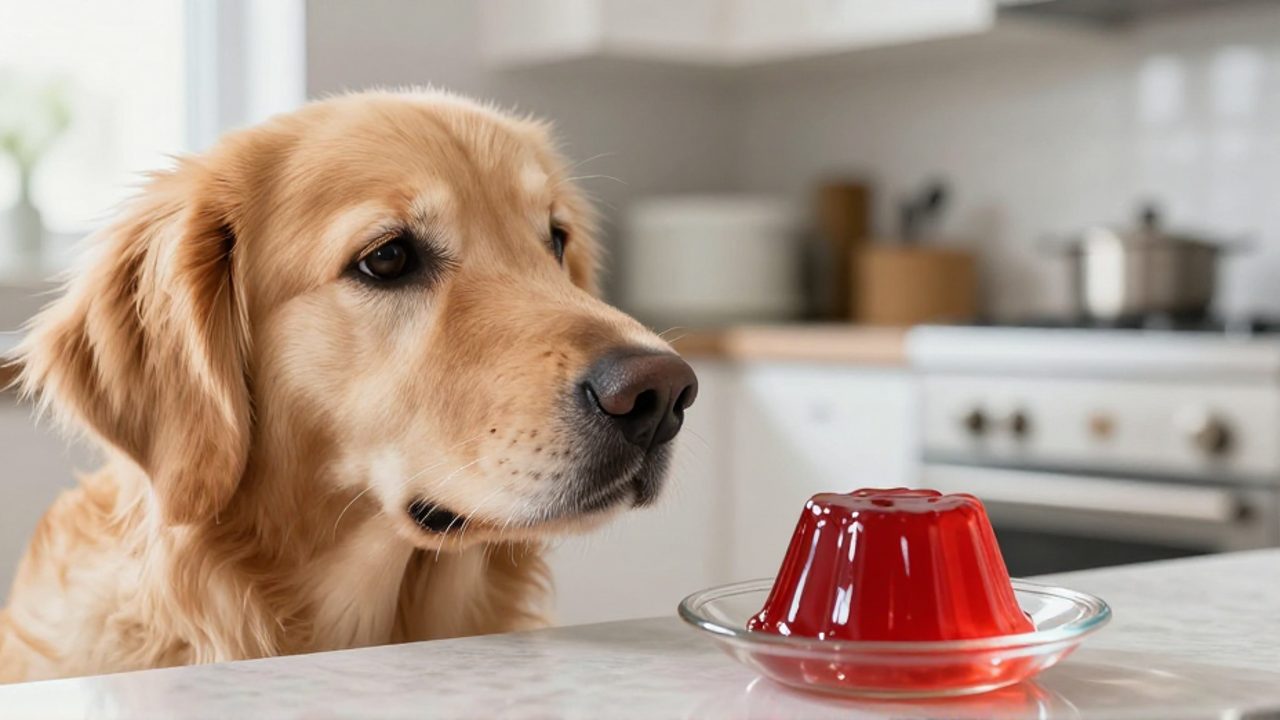 Un perro Golden Retriever observa con curiosidad un tazón con gelatina roja sobre una encimera de cocina.