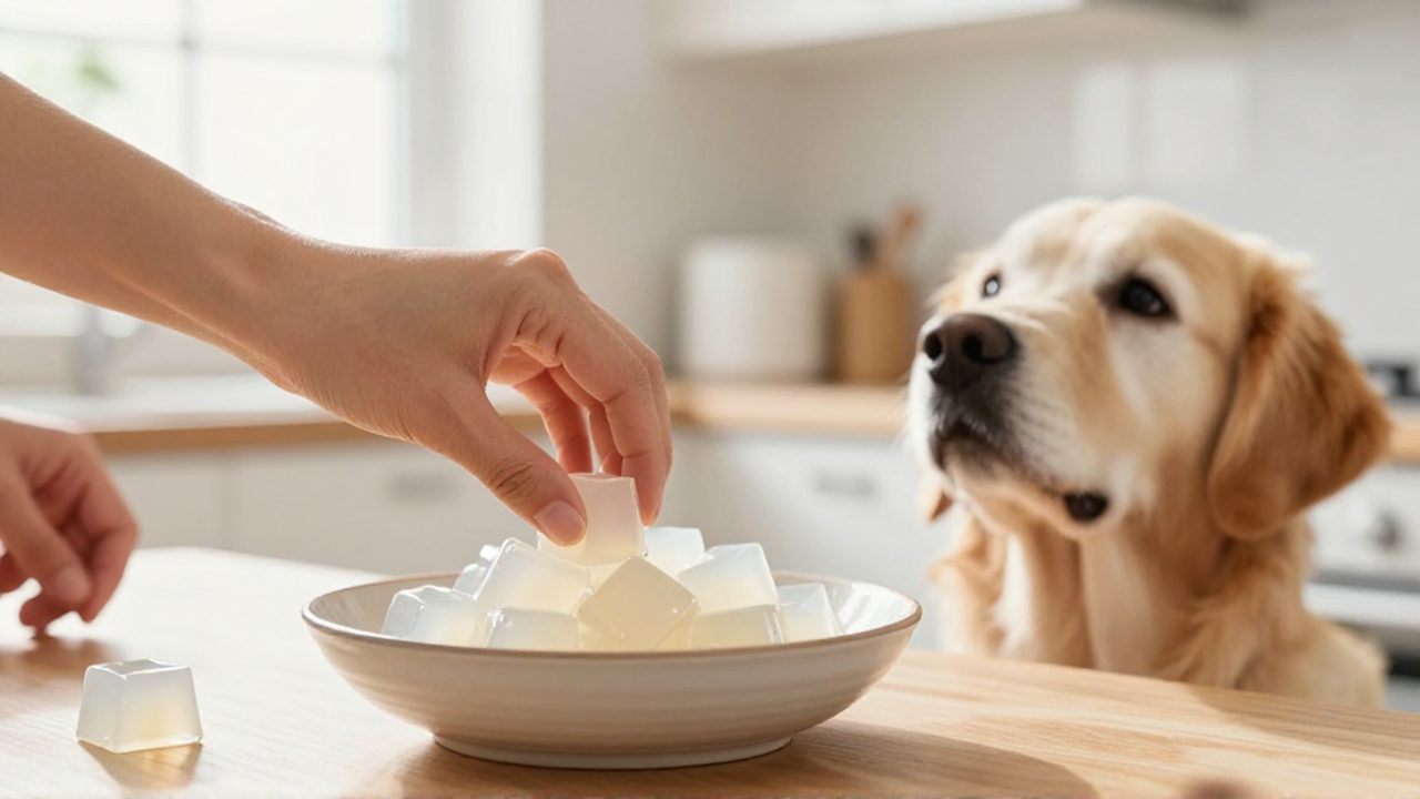 Unas manos colocan cubos de gelatina sin sabor en un cuenco mientras un perro observa con atención en una cocina iluminada.