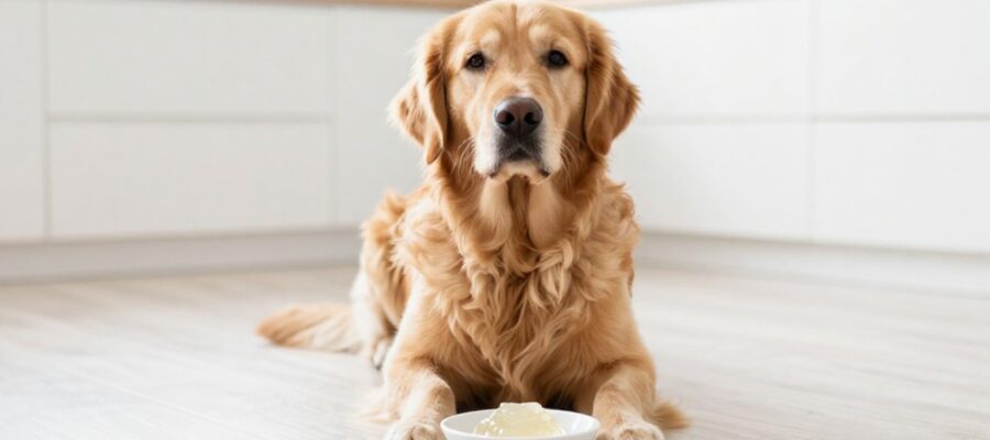 Un Golden Retriever sentado en la cocina observa con curiosidad un pequeño cuenco con gelatina transparente.
