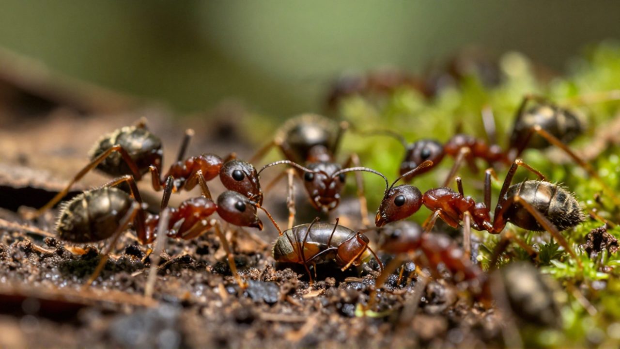 Grupo de hormigas depredadoras trabajando en equipo para cazar un pequeño insecto sobre el suelo de un bosque.