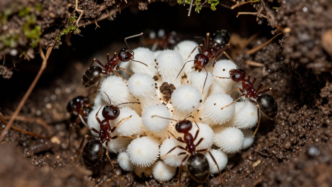 Hormigas tejedoras trabajando juntas para cultivar un jardín de hongos blancos dentro de una cámara subterránea de tierra.