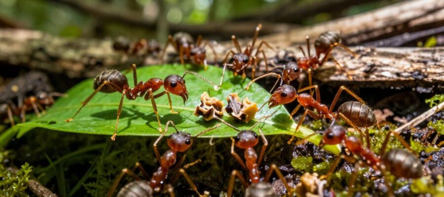 Grupo de hormigas tejedoras transportando fragmentos de hojas verdes sobre el suelo de un bosque hacia su jardín de hongos.