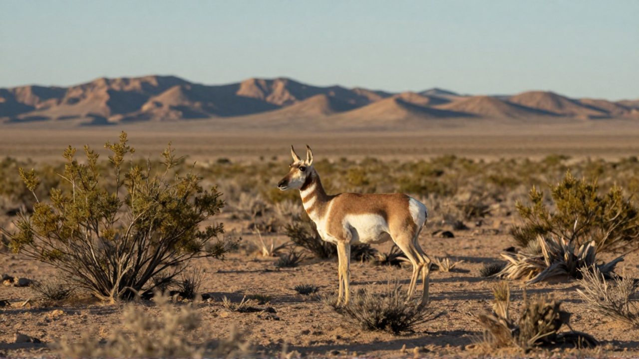 Un antílope berrendo de perfil se mantiene alerta en una vasta llanura desértica de Chihuahua bajo la luz del atardecer.
