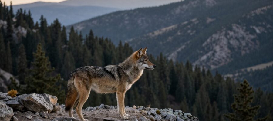Un lobo mexicano observa el paisaje desde una cresta rocosa en la Sierra Madre Occidental, con bosques de coníferas y montañas neblinosas al fondo.