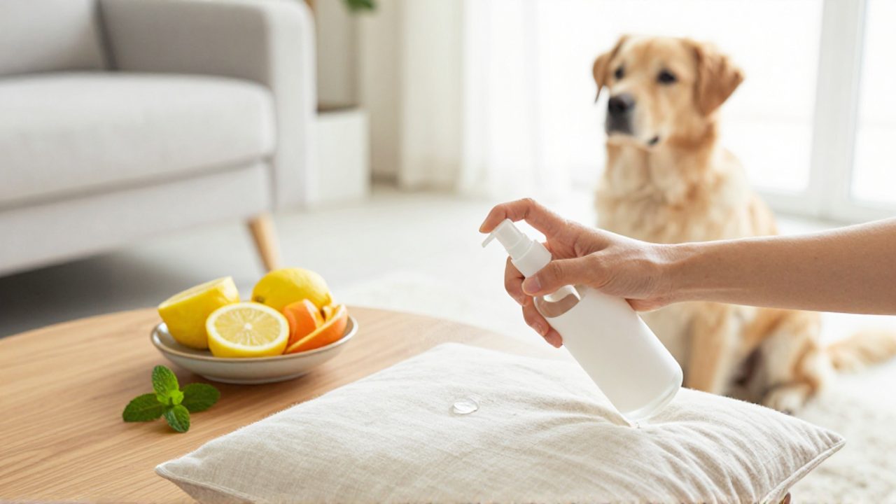 Manos rociando una solución de cítricos sobre un cojín en una sala, con rodajas de limón y menta sobre una mesa y un perro descansando al fondo.