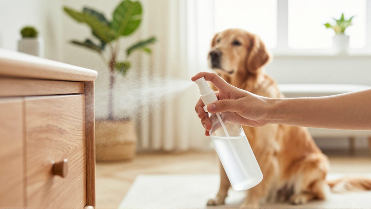 Una persona rocía un spray sobre la pata de un mueble de madera mientras un perro Golden Retriever permanece tranquilo en el fondo de una sala iluminada.