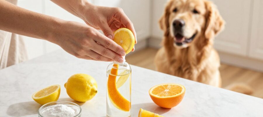 Manos preparando un repelente natural introduciendo rodajas de limón y naranja en un pulverizador de cristal sobre una encimera, con un perro Golden Retriever observando al fondo.