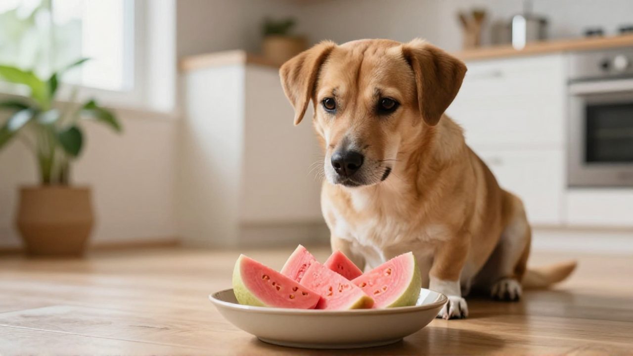 Perro sentado en una cocina mirando con curiosidad un cuenco con trozos de guayaba sin semillas y pelada.