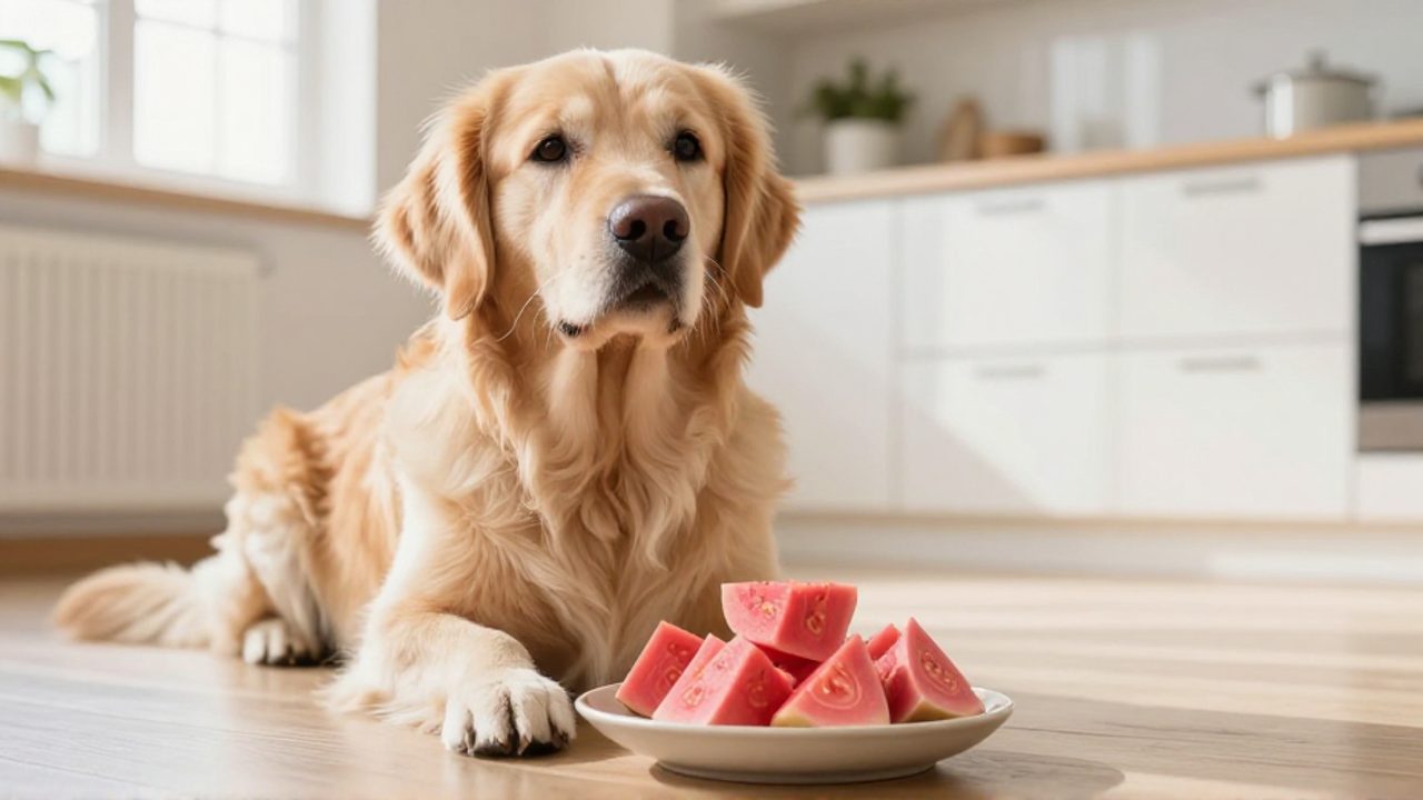 Un perro Golden Retriever sentado frente a un cuenco con cubos de guayaba rosa pelada y sin semillas en una cocina.