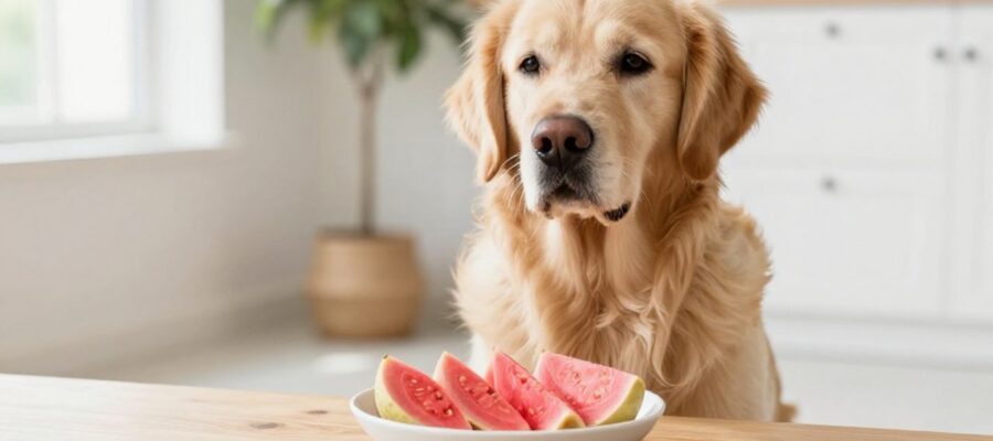 Un perro Golden Retriever mira con atención un cuenco con trozos de guayaba fresca cortada sobre el suelo de una cocina.