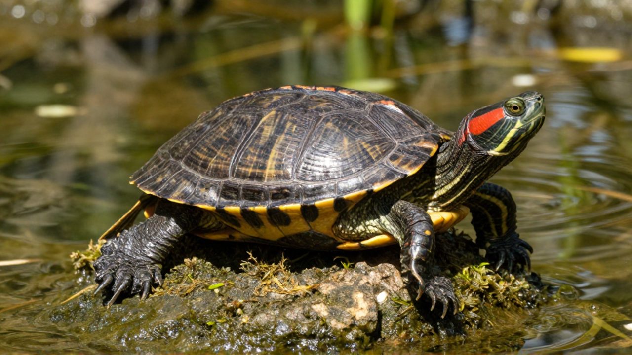 Una tortuga de orejas rojas con caparazón estampado descansa sobre una roca con musgo a la orilla de un estanque.