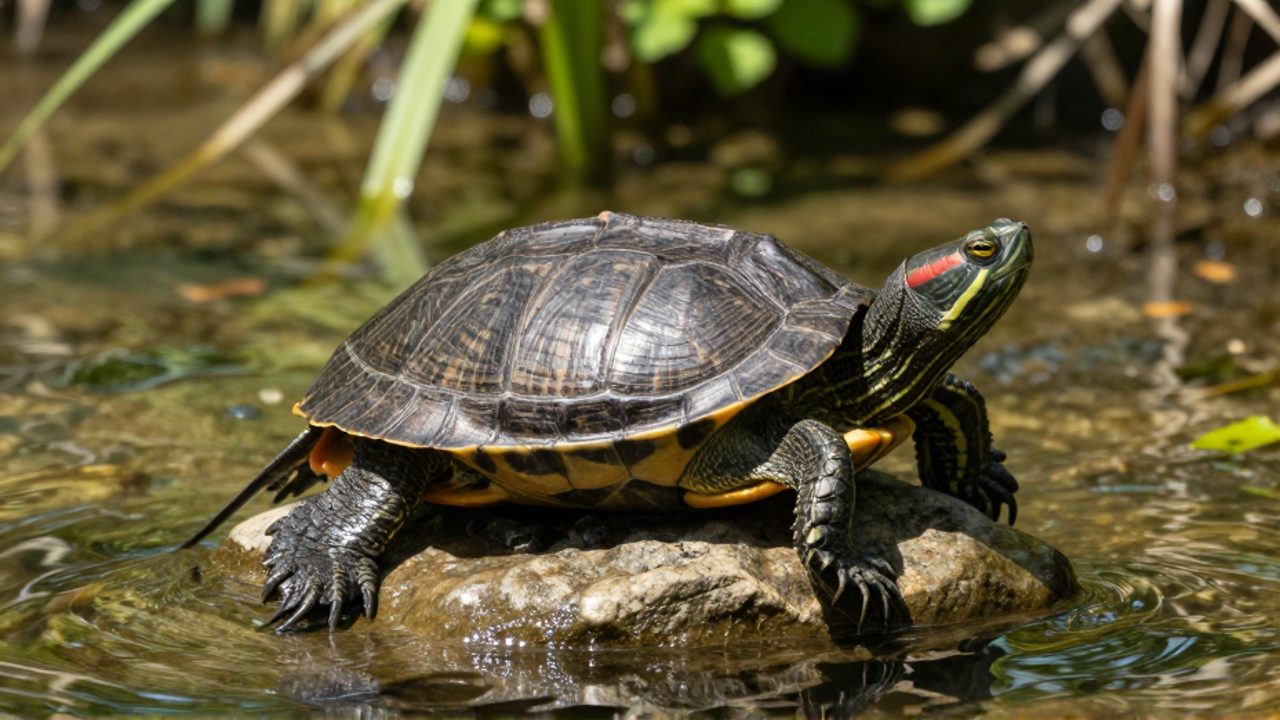 Una tortuga de orejas rojas descansa sobre una piedra en la orilla de un arroyo de agua clara rodeada de vegetación.