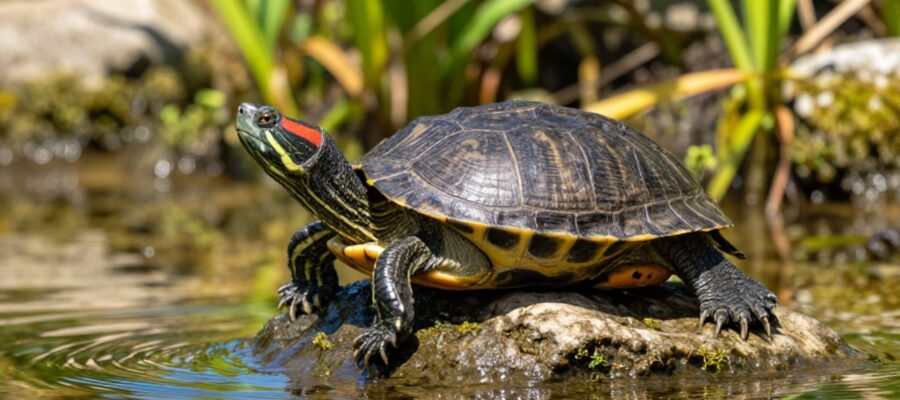 Tortuga de orejas rojas descansando sobre una piedra junto a la orilla de un río con vegetación de fondo.