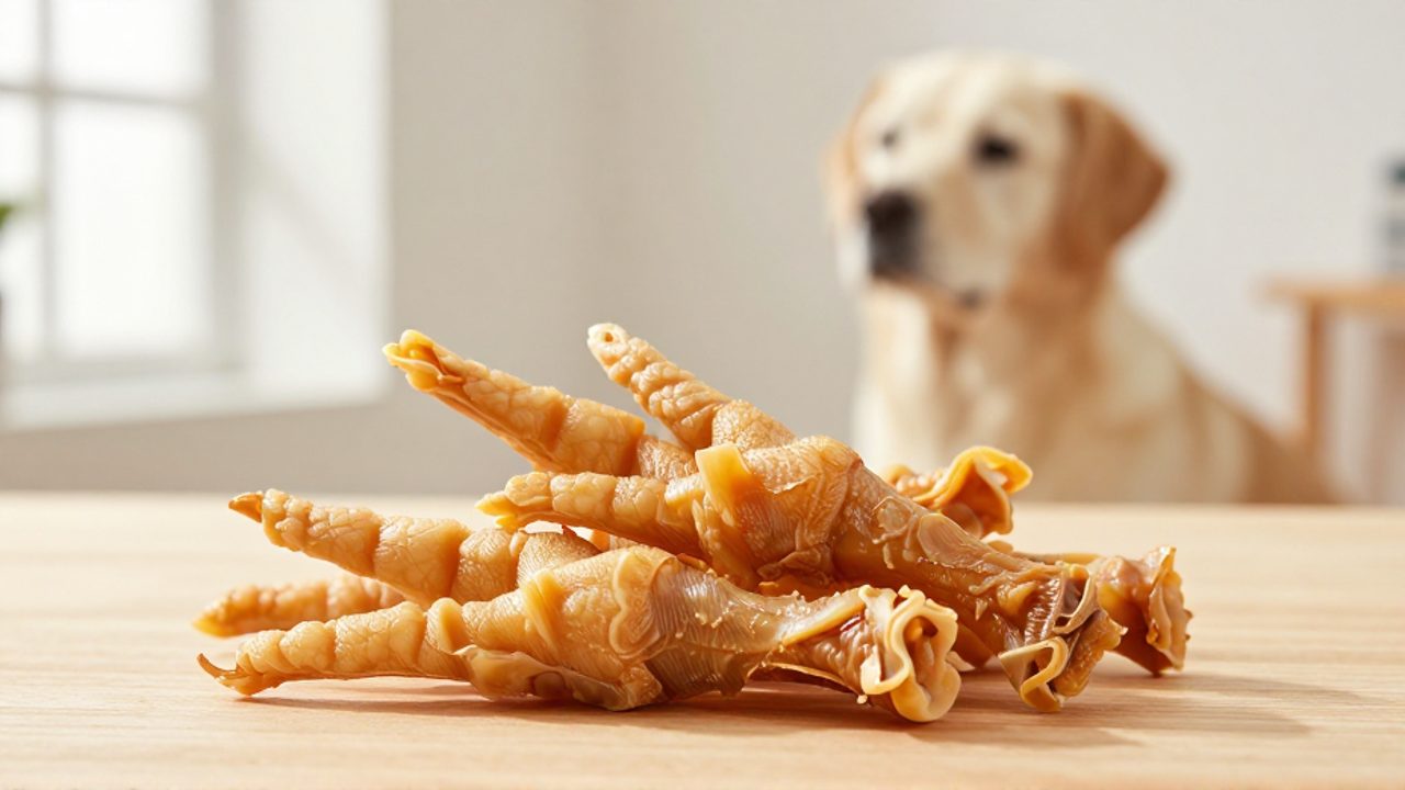 Patas de pollo deshidratadas sobre una superficie de madera con un perro observándolas al fondo.