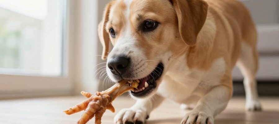 Perro de tamaño mediano masticando una pata de pollo deshidratada como premio natural en un hogar luminoso.