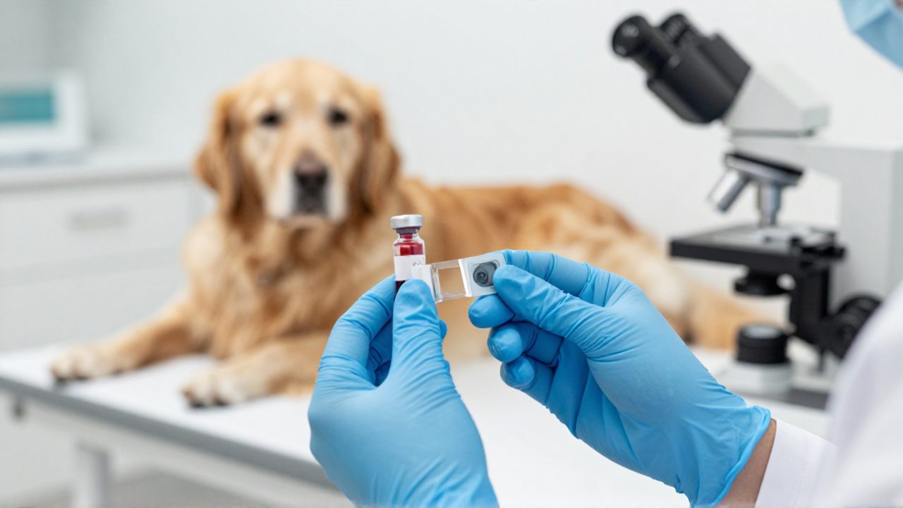 Manos de un veterinario con guantes azules sosteniendo un vial de sangre y una muestra para análisis frente a un perro que descansa en la clínica.