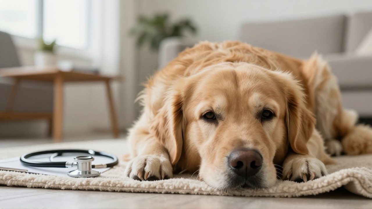 Perro Golden Retriever con aspecto decaído y cansado que descansa sobre una manta en una sala de estar.
