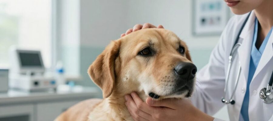 Manos de un veterinario acariciando la cabeza de un perro para transmitirle calma en una clínica.