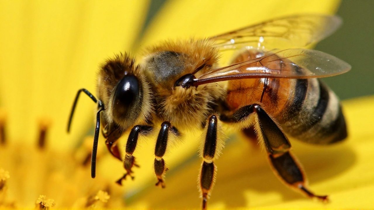 Una abeja utiliza sus patas anteriores para limpiar sus antenas mientras se posa sobre el pétalo de una flor amarilla.