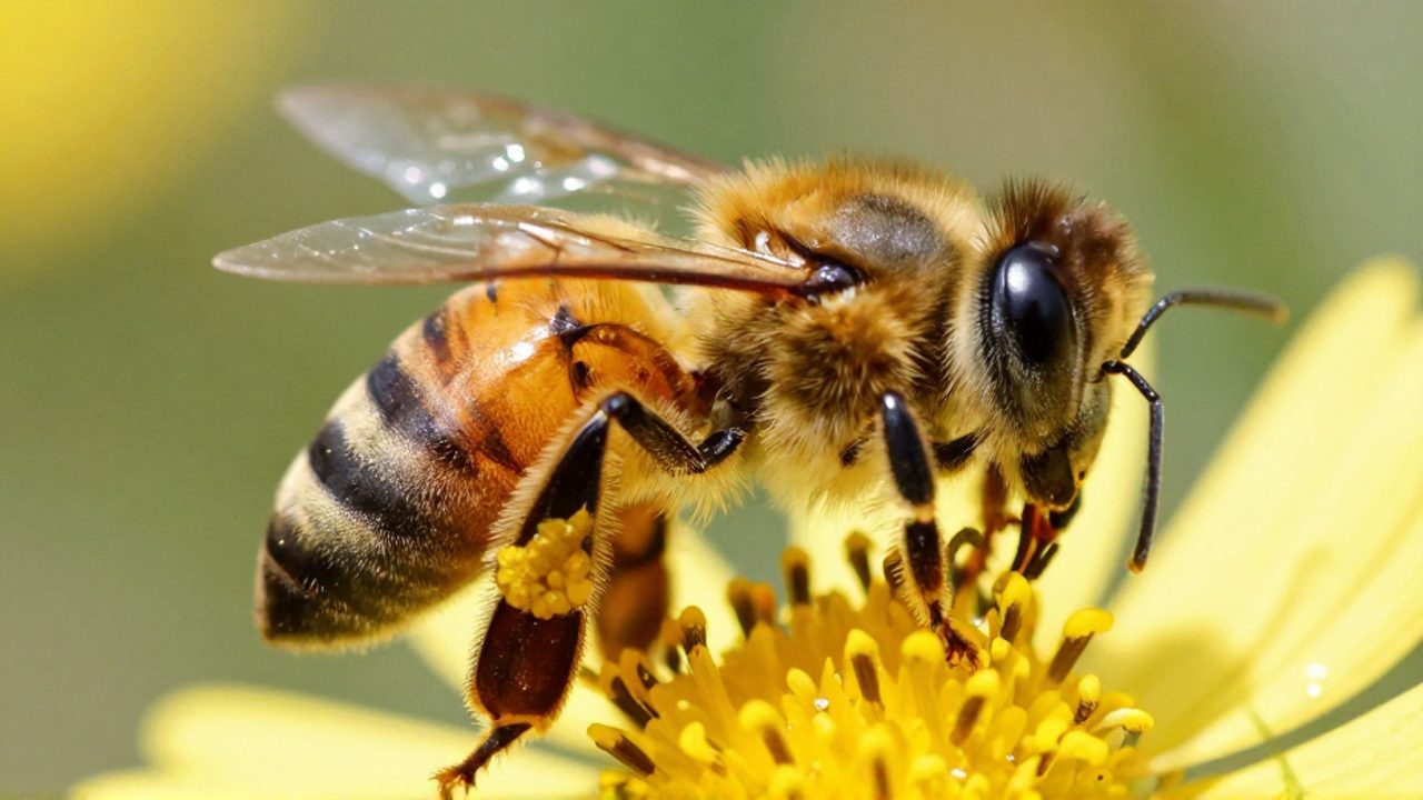 Primer plano de la pata posterior de una abeja recolectando granos de polen amarillo en una flor.