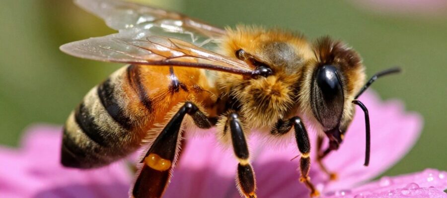 Primer plano detallado de las patas de una abeja sobre el pétalo de una flor, mostrando la textura de los segmentos y los pelos especializados para la recolección de polen.