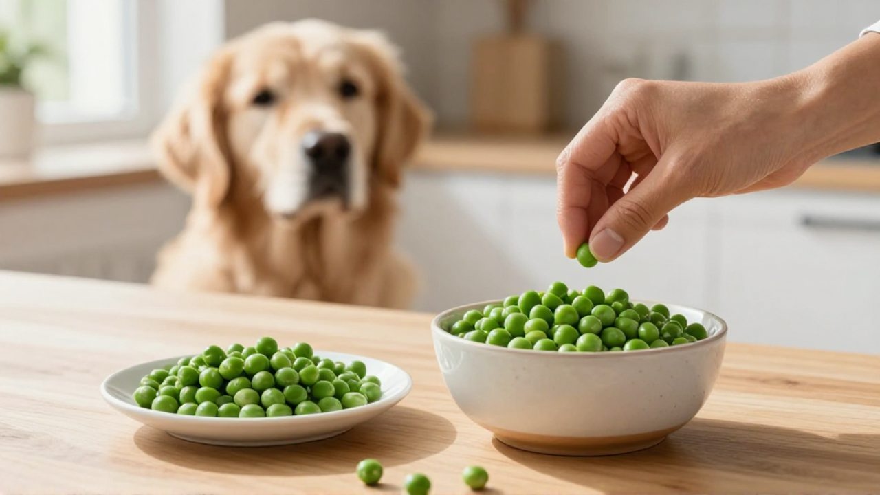 Una mano coloca chícharos al vapor en un cuenco para perros sobre una mesa de madera, con un Golden Retriever esperando al fondo.