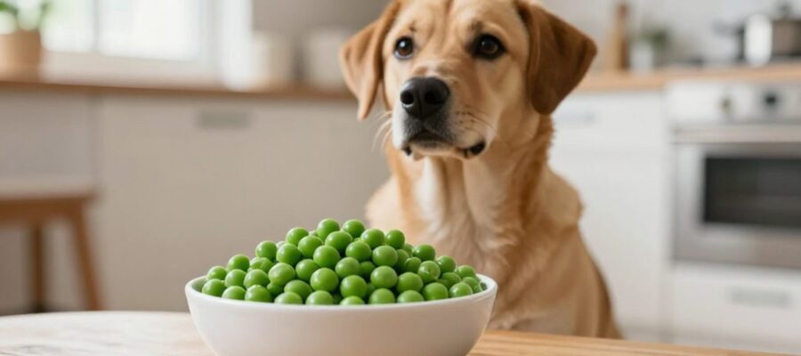 Un perro de tamaño mediano mira con atención un cuenco de cerámica con chícharos verdes frescos sobre el suelo de una cocina.