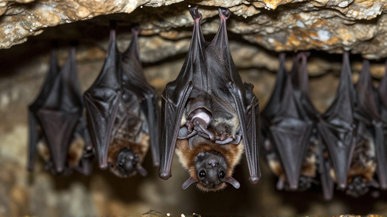 Una madre murciélago acuna a su cría entre sus alas mientras cuelga del techo de una cueva rodeada de otros ejemplares.