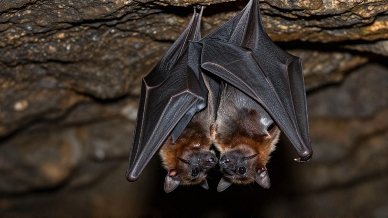 Dos murciélagos fruteros colgados del techo de una cueva, con la madre desplegando sus alas para proteger a su cría en un gesto de cuidado.