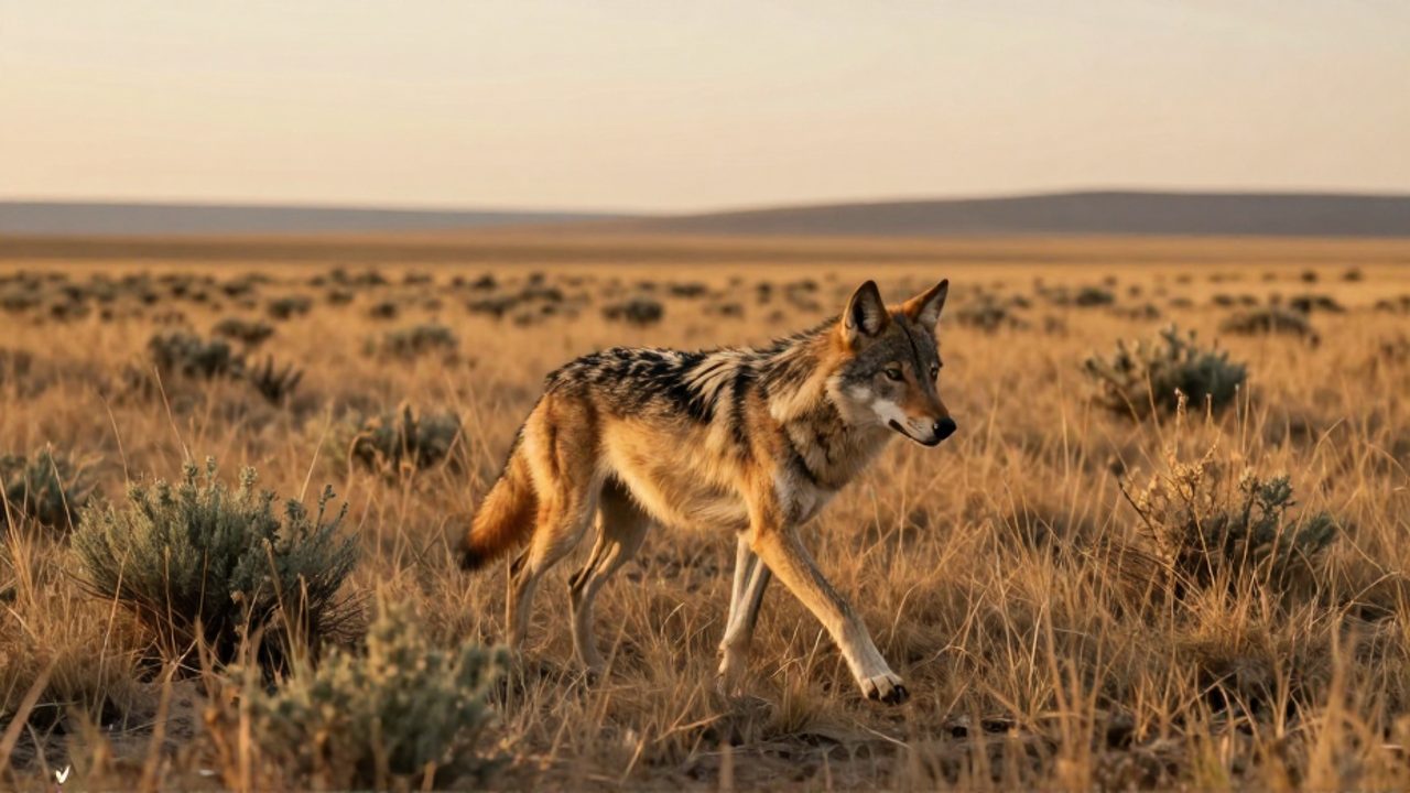 Un lobo camina con paso firme por la vasta estepa de hierba dorada bajo la luz del atardecer.