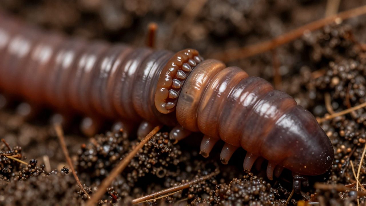 Primer plano detallado del clitelo, la banda engrosada en el cuerpo de una lombriz de tierra, rodeada de tierra húmeda y materia orgánica.