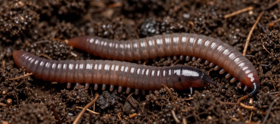 Dos lombrices de tierra con sus cuerpos segmentados interactuando sobre suelo oscuro y húmedo.