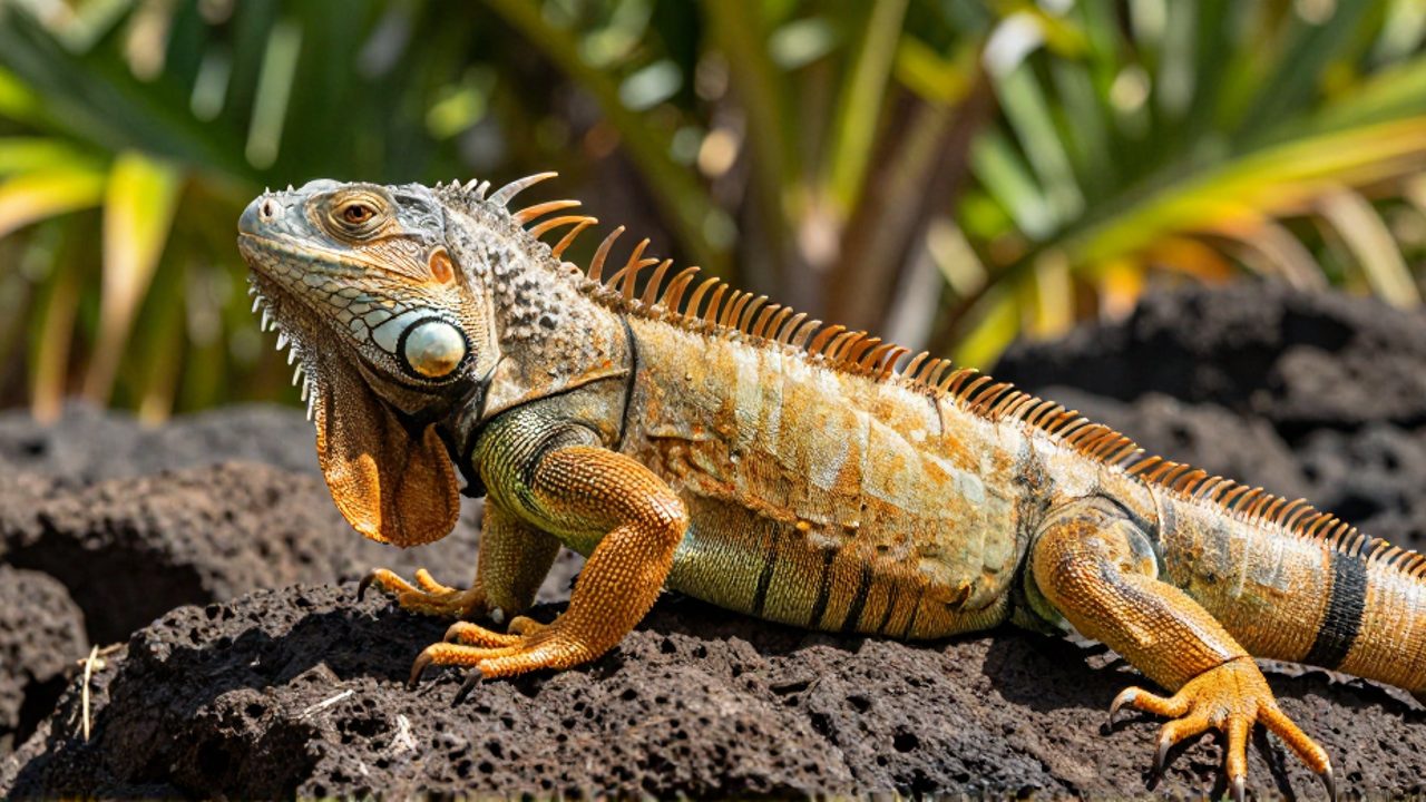 Primer plano de una iguana verde posada sobre una roca volcánica en un entorno de vegetación tropical.